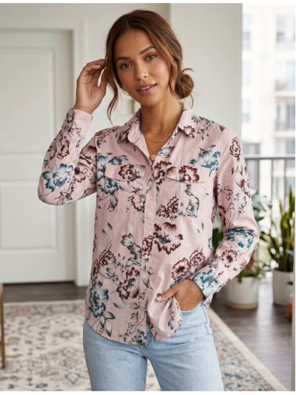 Women's Lauren Ralph Lauren Floral Button Down Shirt, Size M, Pink/Green